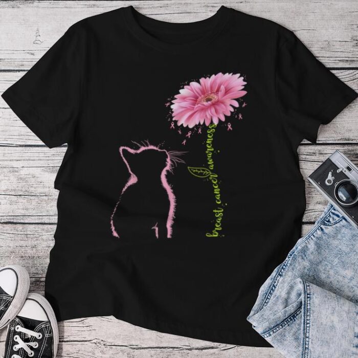 Breast Cancer Awareness Pink Ribbon Daisy Flower Cat Lovers Unisex T-shirt