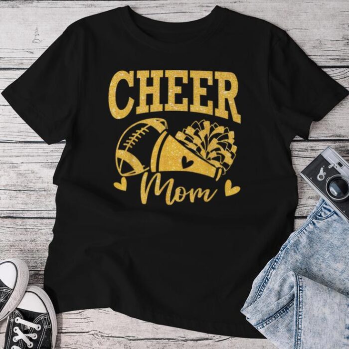 Cheer Mom Biggest Fan Black Gold Pom Pom Unisex T-shirt