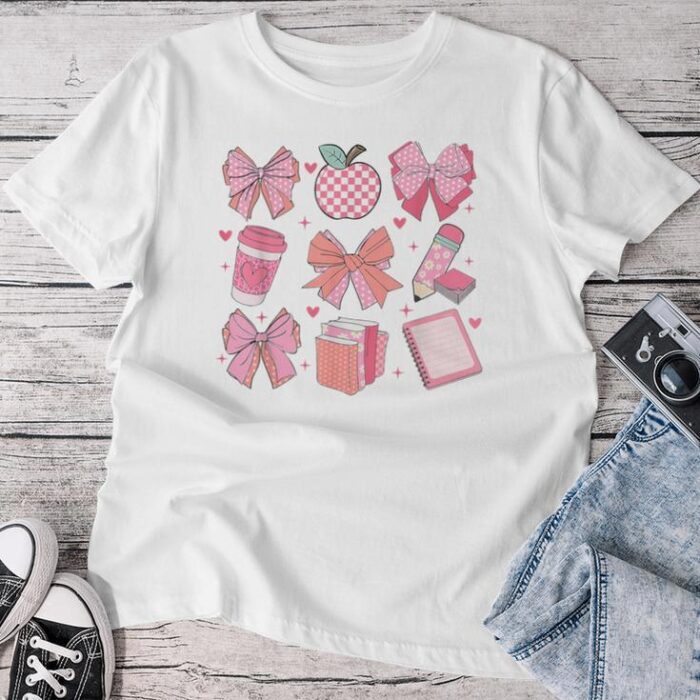 Coquette Pink Bow Ribbons Apple Teacher Appreciation Unisex T-shirt