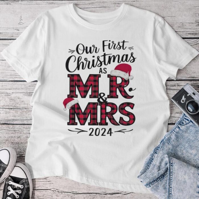 Couple Wife Husband Xmas Our First Christmas As Mr Mrs 2024 Unisex T-shirt