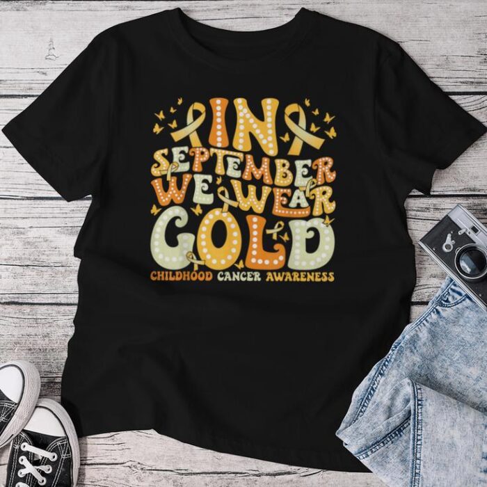 Groovy In September We Wear Gold Childhood Cancer Awareness Unisex T-shirt