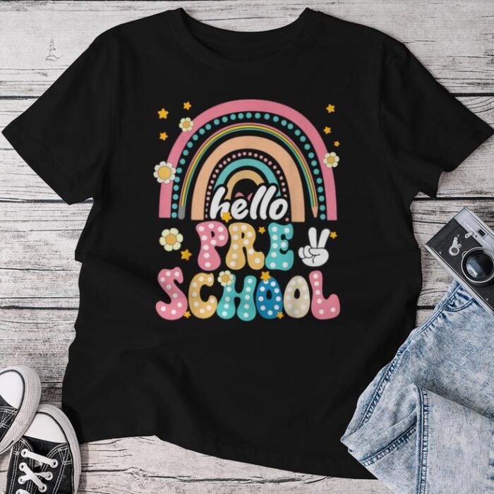 Groovy Rainbow Hello Preschool First Day Teacher Kid Unisex T-shirt