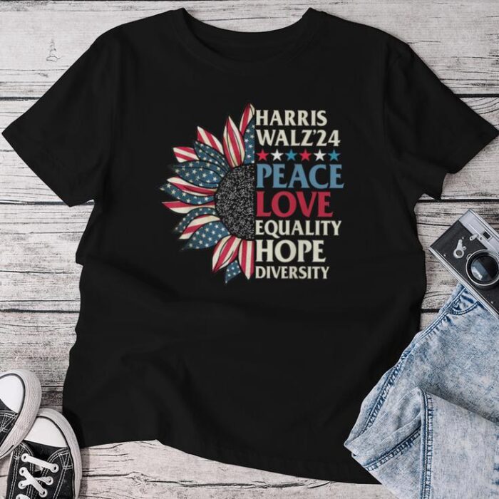 Harris Waltz 2024 Peace Love Equality Hope Us Flag Sunflower Unisex T-shirt