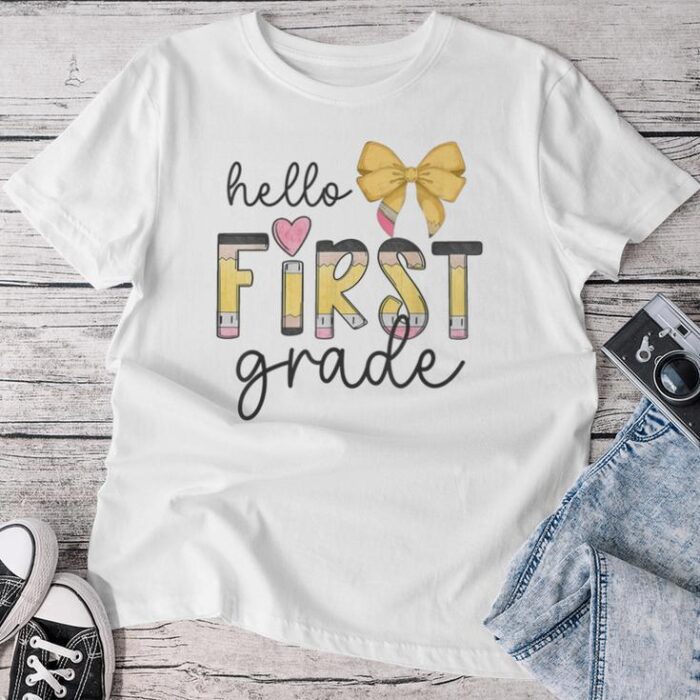 Hello First Grade Teacher Coquette Pencil Bow Back To School Unisex T-shirt