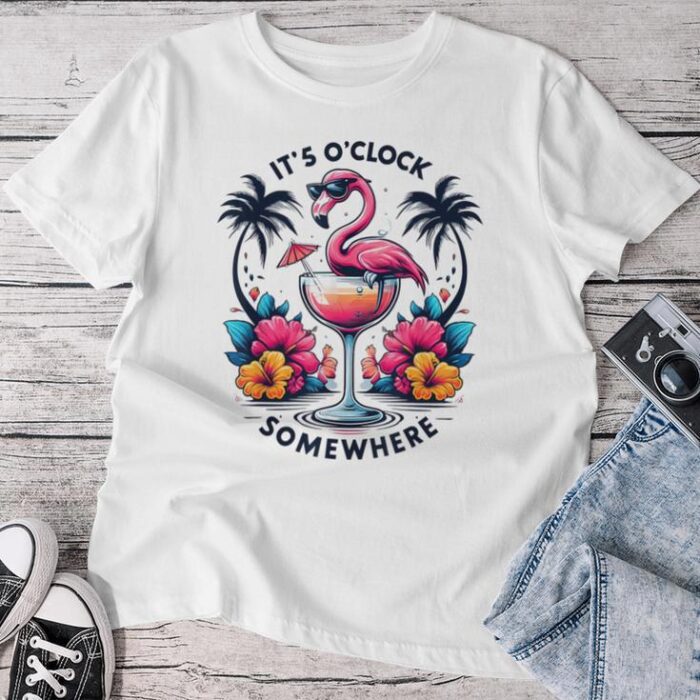 It's 5 O'clock Somewhere Flamingo Beach Vacation Drinking Unisex T-shirt