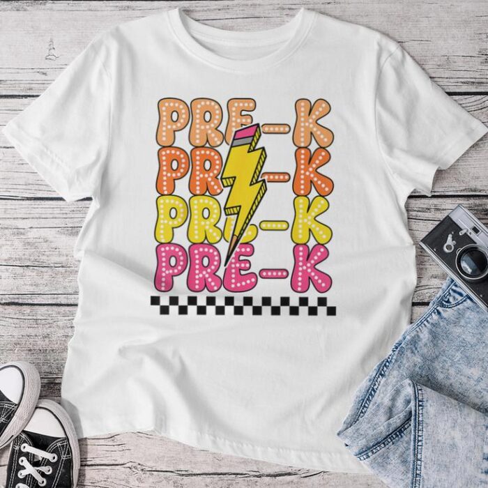 Pre-K Lightning Bolt Pencil Retro Teacher Boys Girls Unisex T-shirt