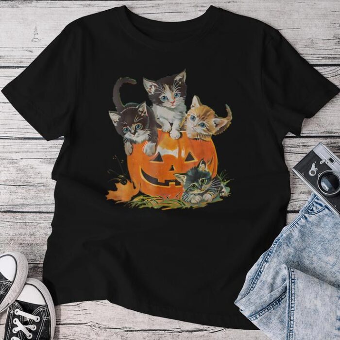 Vintage 90S Cat Pumpkin Halloween Retro Floral Spooky Season Unisex T-shirt