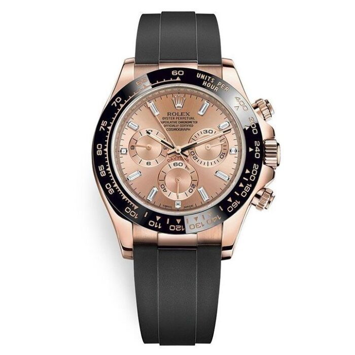 Rolex Cosmograph Daytona Pink Baguette Oysterflex Everose Gold 40mm Mens Watch 116515Ln