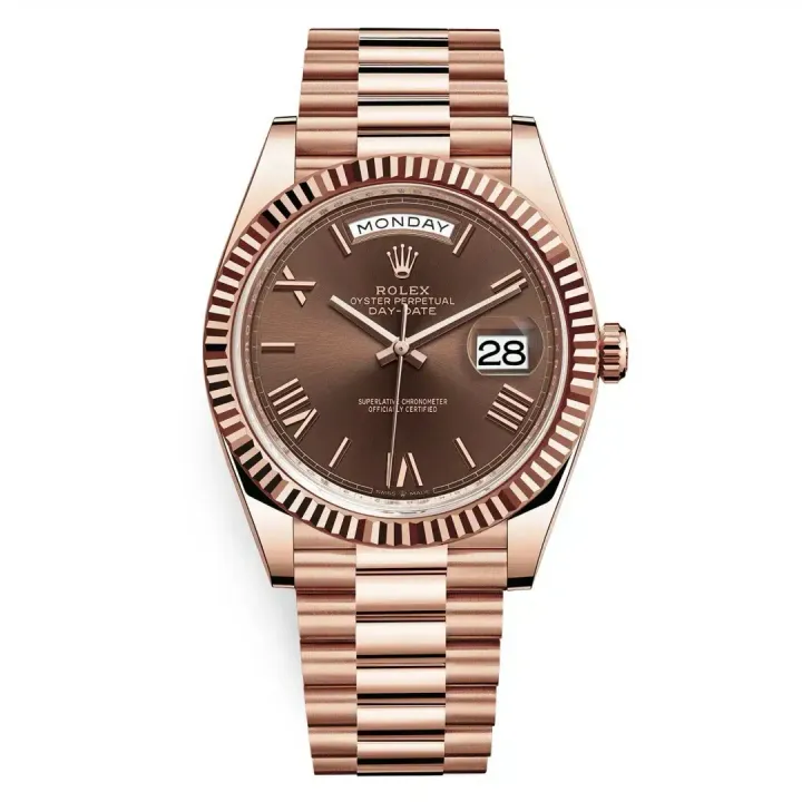 Rolex Day-Date 40mm 228235 Rose Gold Fluted Bezel Chocolate Bevelled Roman Dial President
